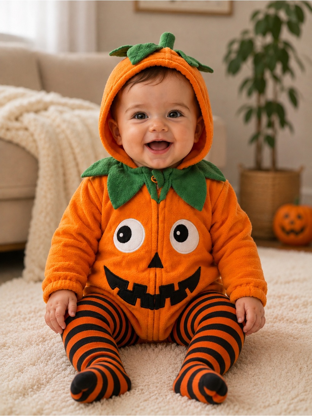 Primark Orange Pumpkin Fleece Costume with Green Leaf Hood